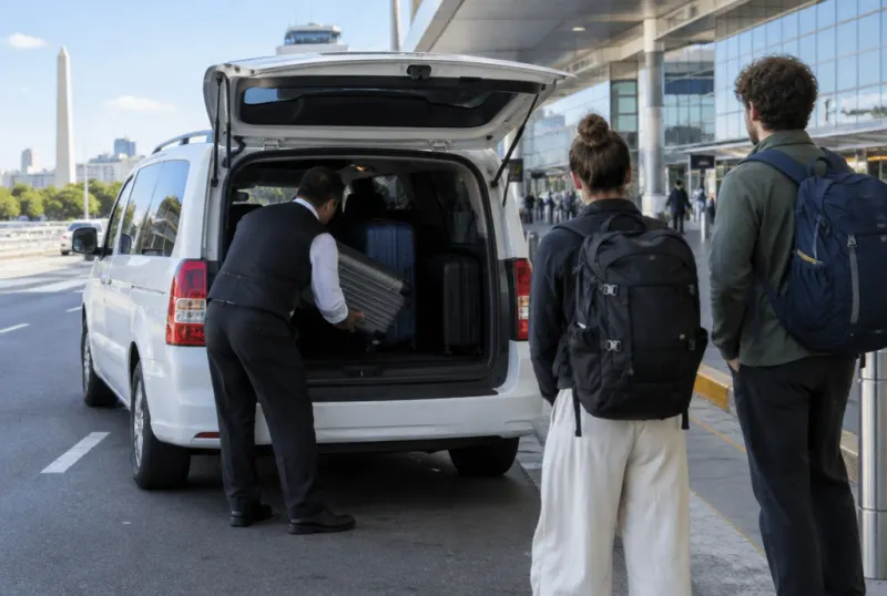 Pasajeros cargando valijas en una combi en el aeropuerto