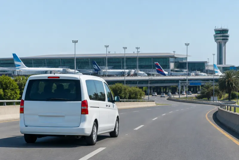 Combi dejando pasajeros en la terminal de partidas de Ezeiza